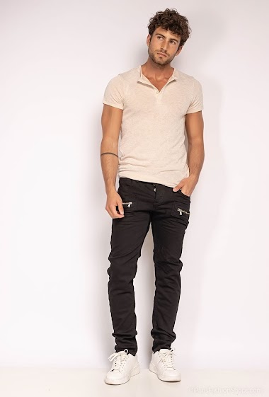 Großhändler ROSS CARRA - Schwarze, schmale, gerade Stretch-Jeans mit doppeltem Reißverschluss