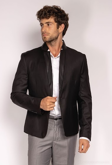 Faux Leather Lined Collar Jacket Mandarin Collar Slim Fit