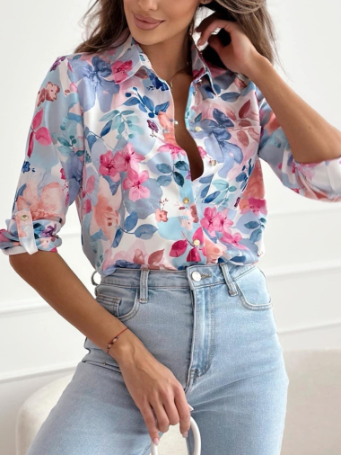 Wholesaler Rosy Days - Flower print shirt with roll-up sleeves