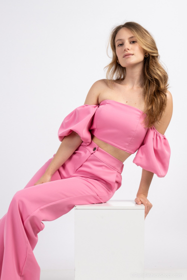 Wholesaler Rosy Days - Off-the-shoulder puff sleeve top and pants set