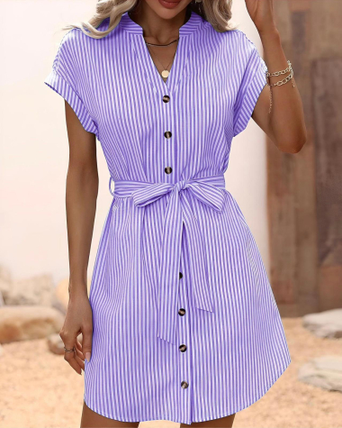 Wholesaler Rosy Days - Striped Cotton Drawstring Shirt Dress
