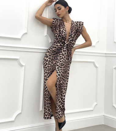Wholesaler Rosy Days - Leopard print low-cut dress with shoulder pads