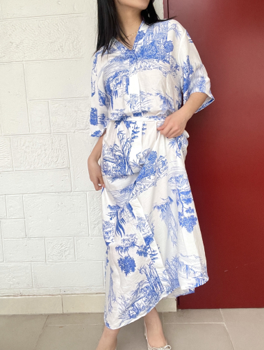 Wholesaler Rosy Days - Long, loose-fitting viscose print dress with drawstring