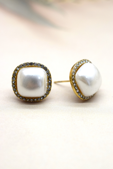 Wholesaler Rouge Bonbons - Stainless steel square rhinestone pearl earrings