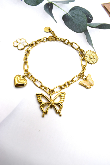 Großhändler Rouge Bonbons - Edelstahl-Charm-Armband mit Blumen-Herz-Schmetterlingsmotiv