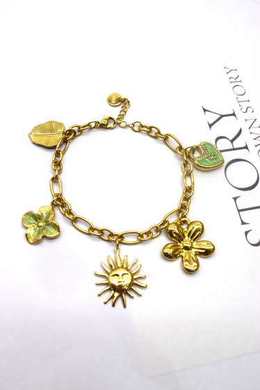 Grossiste Rouge Bonbons - Bracelet maille avec soleil fleurs coeur cadenas en acier inoxydable