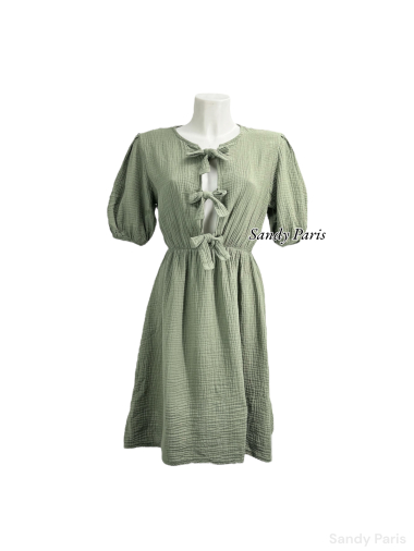 Wholesaler Sandy Paris - Dress with bow in cotton gauze and puffed sleeves