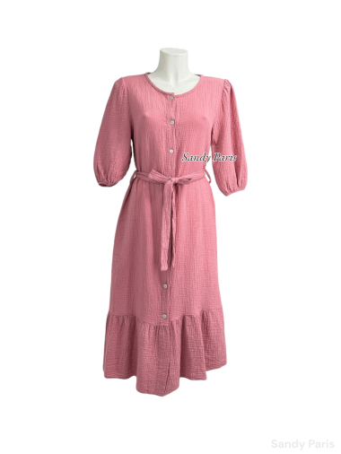 Wholesaler Sandy Paris - Buttoned dress in cotton gauze with puff sleeves