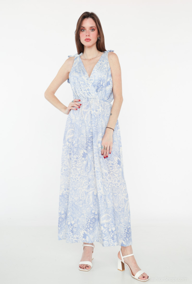 Wholesaler Sandy Paris - Printed long dress in 100% lyocell, cross neck with knotted straps