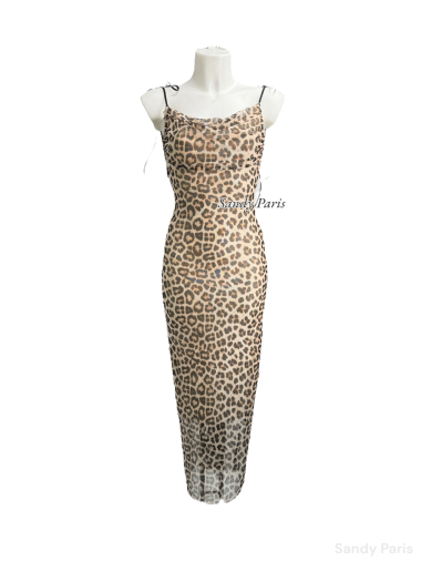 Grossiste Sandy Paris - Robe toile léopard bretelle à nœud.