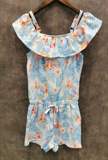 Tropical printed short jumpsuit with shoulder straps