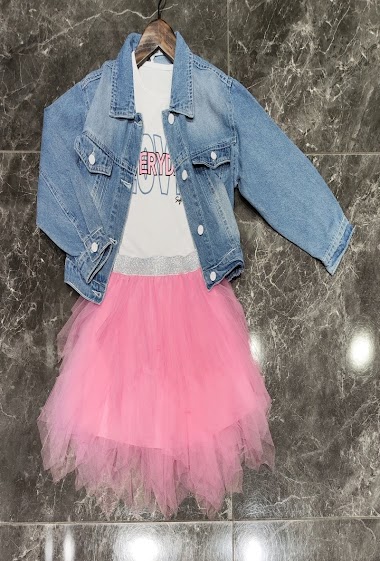 3 pieces set of jeans vest, short sleeves tshirt and tulle skirt