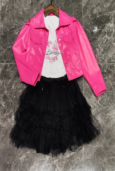 3 pieces set of PU jacket, short sleeves tshirt and tulle skirt