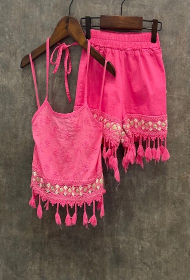 Set of tank top + short in embroided poplin and pompoms