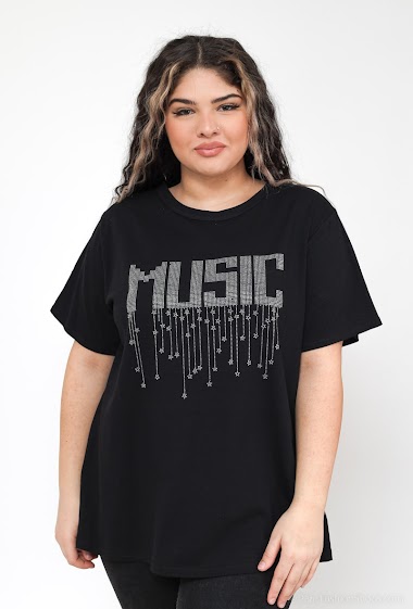 Großhändler See Modern Grandes Tailles - Großes T-Shirt aus Baumwolle mit Strasssteinen "MUSIC"