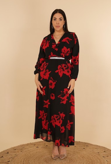 Grossiste SENSUELLES - Mj-8109 robe abaya en mousseline, grande fleur avec ceinture avec strass