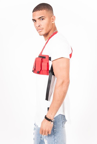 Multi-pocket chest bag with red text