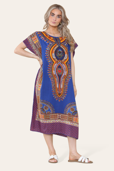 Großhändler SK MODE - Midi-Kleid mit afrikanischem Print, leuchtende Farben, Midi-Kleid - SK7000