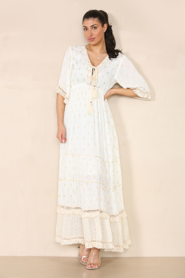 Wholesaler SK MODE - Summer 2024, women's long V-neck dress with 3/4 sleeves and drawstring (ref Sk4038)