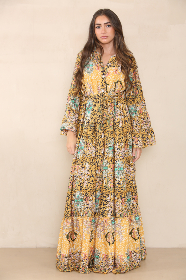 Wholesaler SK MODE - Large floral dress with long puff sleeves and buttoned collar (ref. MK 102SK)