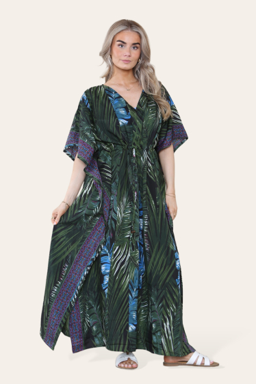 Grossiste SK MODE - Maxi Dress Tropical Palm Print Long V-Neck Ref -SK7021-L