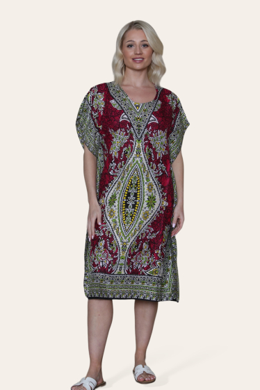 Großhändler SK MODE - Mittellanges Kleid aus bedrucktem Kaftan mit einem afrikanischen Motiv. tropisches Muster. -SKC1551