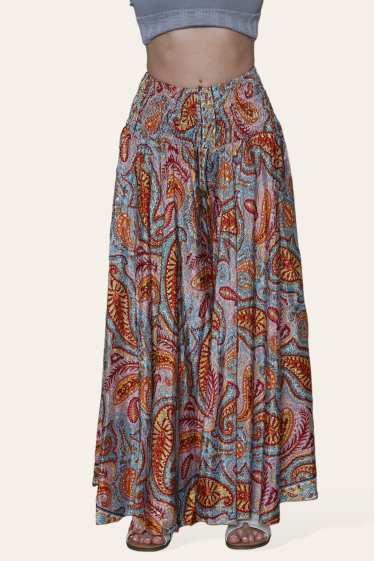 Grossiste SK MODE - Pantalon large bohème pour femme, imprimé ethnique d'été, réf. AMSK205G-P2