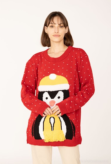 Großhändler SK MODE - Großer Pinguin-Weihnachtspullover mit Mütze und Schal mit Schneemuster Ref. PBAJ