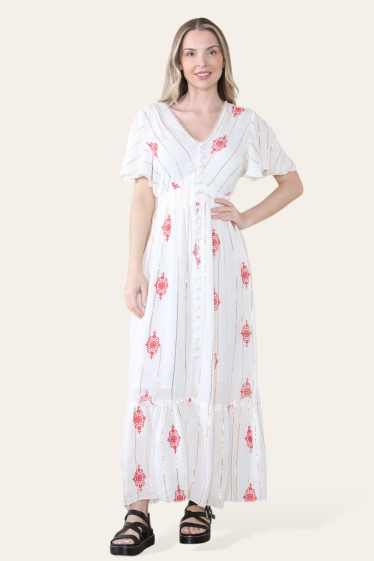 Großhändler SK MODE - Kleid mit V-Ausschnitt, besticktem Volant, kurzen Ärmeln. Blumendruck SK9561