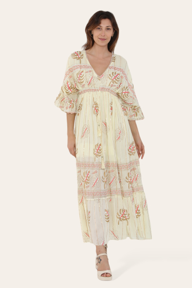 Wholesaler SK MODE - Long sleeve dress, with a lace V-neck, floral pattern, -SK9555
