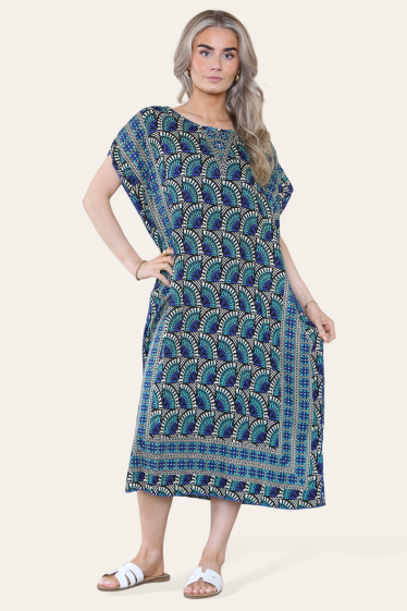 Großhändler SK MODE - Kleid mit geometrischem Muster, Kleid mit V-Ausschnitt und Mosaikbordüre SK7004.