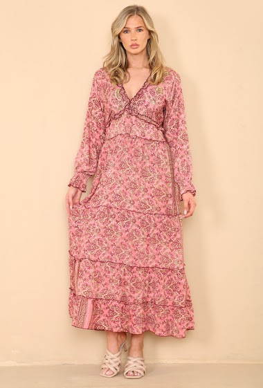 Wholesaler SK MODE - Robe bloom and shine longue robe brodée à séquence d'imprimés floraux en tissu fluide.