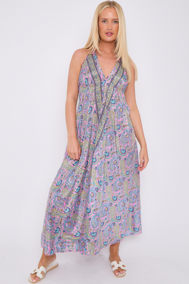 Großhändler SK MODE - Langes, rückenfreies Bohemian-Kleid für Damen mit einem Muster aus 100 % SEIDE-Kaschmir. Ref-SK7007