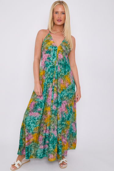 Wholesaler SK MODE - Women's long backless bohemian dress, an abstract print 100% SILK. Ref- SKS63P56