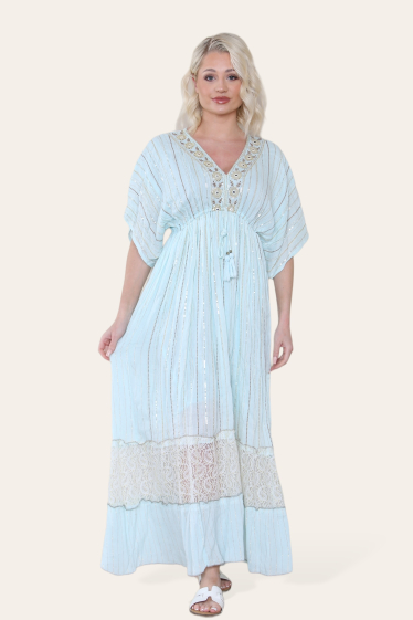 Wholesaler SK MODE - Long and ethereal bohemian dress with V-neck decorated with sequined lines Ref-SK9549