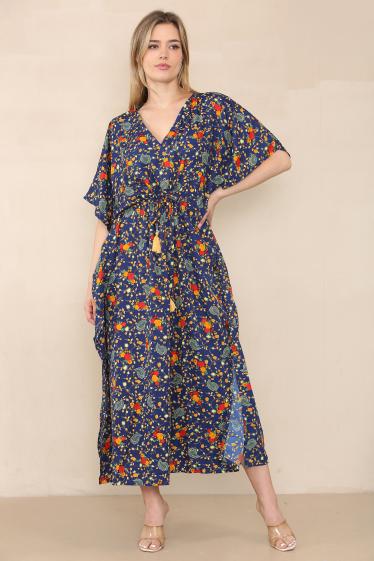 Großhändler SK MODE - Blumen-Kaftan-Kleid mit V-Ausschnitt, Tunnelzug, einfarbiger Saum, Ref. 510