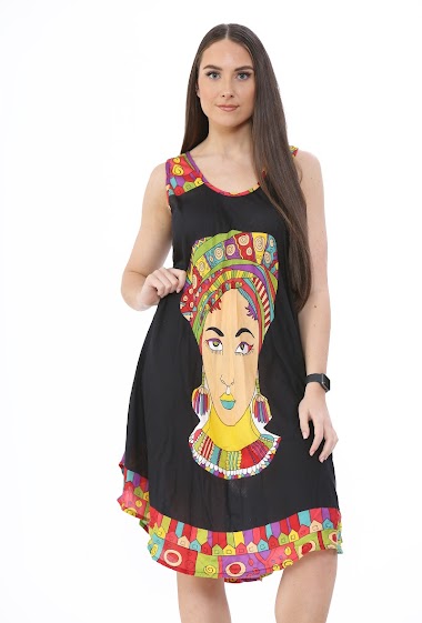 Wholesaler SK MODE - dress Colourful and playful dress, flared , sleeveless dress,  printed dress bias finished dress
