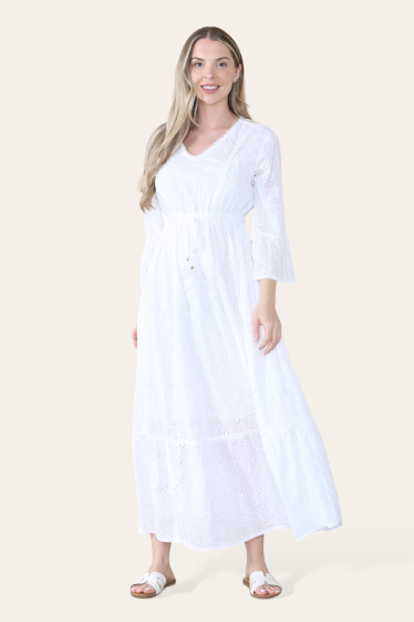 Wholesaler SK MODE - Long cotton dress with long sleeves, drawstring, lace embroidery SK32006