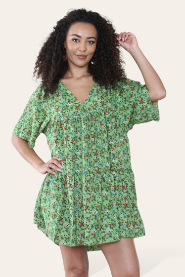 Wholesaler SK MODE - Short dress with short sleeves and V-neck with floral print Ref-SK407A