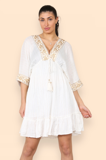 Wholesaler SK MODE - Women's short V-neck dress, 3/4 sleeves, drawstring, summer 2024 (ref SK21612161)
