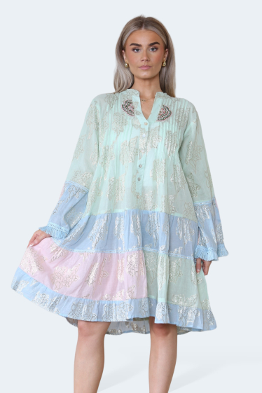 Wholesaler SK MODE - Short dress, V color, three tones, buttoned, gold floral print, -3098