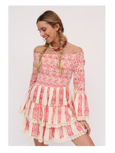 Großhändler SK MODE - Kurzes Damenkleid, tiefer eckiger Ausschnitt mit elastischen Rüschenärmeln, bedrucktes Kleid AN7711