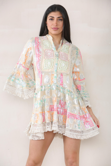 Wholesaler SK MODE - Short Dress, Buttoned Floral Swirl, Silver Print, Sleeves SYSK-79