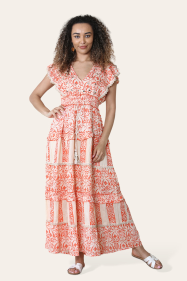 Wholesaler SK MODE - Long V-neck summer dress with flower pattern SKYM style 7A