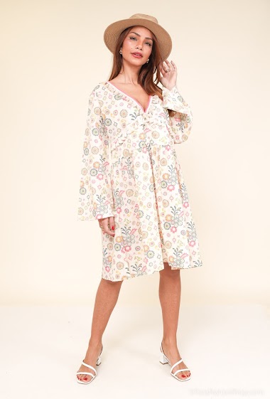 Großhändler SK MODE - Robe elegantes und schlichtes Paisley-Blumendruckkleid mit ausgestellten Ärmeln gepaart mit V-Ausschnitt