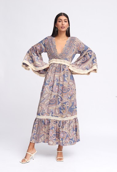 Großhändler SK MODE - Robe elegant und einfach paisley floral bedrucktes kleid mit schlagarm gepaart mit v-ausschnitt