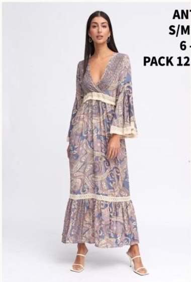 Großhändler SK MODE - Robe elegant und einfach paisley floral bedrucktes kleid mit schlagarm gepaart mit v-ausschnitt