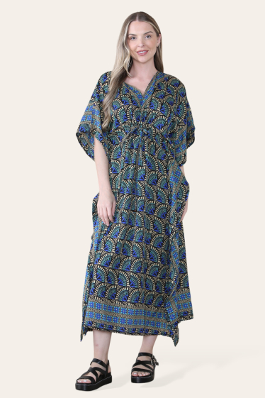 Wholesaler SK MODE - Long mosaic dress with a V-neck and exotic oriental border, SK1062L.