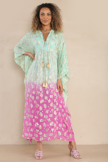 Wholesaler SK MODE - Dress Summer 2023 long-sleeved dress two tones with a gold print, reference 2552SK