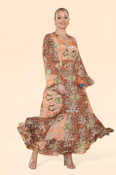 Wholesaler SK MODE - Women's dress, long puff sleeves, button-down collar, massive floral tree.